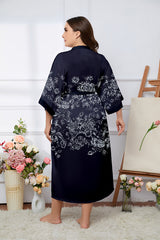 Women's Flower Printed Plus Size Satin Silk Kimono Robe