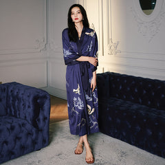 Women Crane Printed Satin Silk Kimono Robes