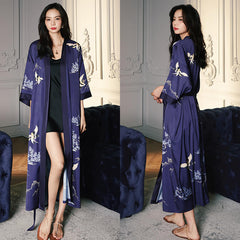 Women Crane Printed Satin Silk Kimono Robes