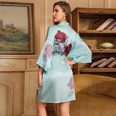 Women Short Flower Printed Satin Silk Kimono Robes