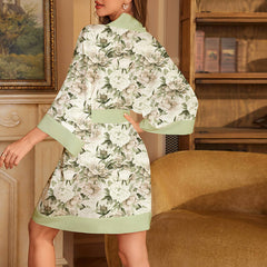 Women Short Flower Printed Satin Silk Kimono Robes