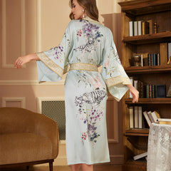 Tiger Printed Satin Women Silk Kimono Robes