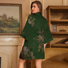 Women Green Short Flower Printed Satin Silk Kimono Robes