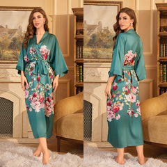 Women Green Flower Print Satin Silk Kimono Robe