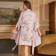 Women Short Flower Printed Satin Silk Kimono Robes