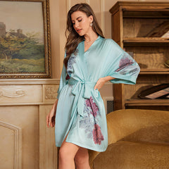 Women Short Flower Printed Satin Silk Kimono Robes