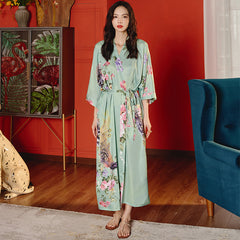 Women Peacock Printed Satin Silk Kimono Robe