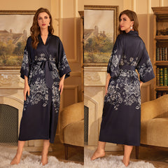 Women Black Flower Printed Satin Silk Kimono Robe