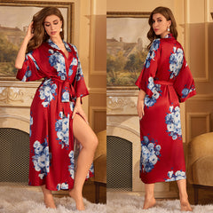 Women Red Flower Printed Satin Silk Kimono Robe