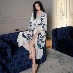 Women Gray Flower Printed Satin Silk Kimono Robe