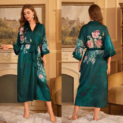 Women Geeen Flower Printed Satin Silk Kimono Robe