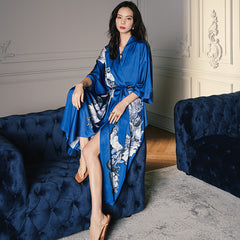 Women Flower Printed Satin Silk Kimono Robe