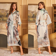 Women's mountain Printed Satin Silk Kimono Robe