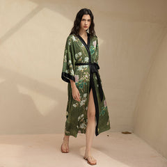 Women's Green Flower Printed Satin Silk Kimono Robe