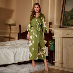 Women's Flower Printed Satin Silk Kimono Robe