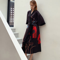 Women Satin Printed Flower Kimono Robe