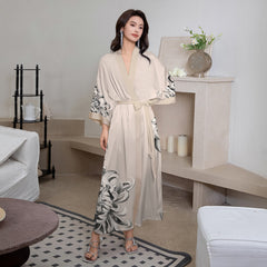 Women Flower Printed Long Satin Silk Kimono Robes