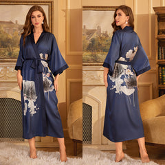 Women Blue Flower Printed Satin Silk Kimono Robe