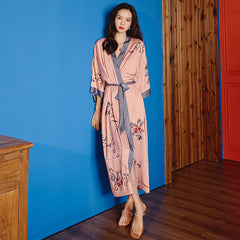 Women Pink Flower Printed Satin Silk Kimono Robe