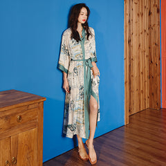 Women Tree Printed Satin Silk Kimono Robe