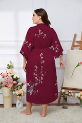 Women's Flower Printed Plus Size Satin Silk Kimono Robe