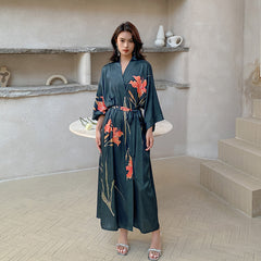 Women Flower Printed Long Satin Silk Kimono Robe