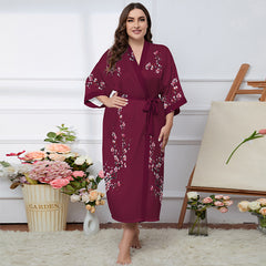 Women's Flower Printed Plus Size Satin Silk Kimono Robe