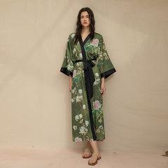 Women's Green Flower Printed Satin Silk Kimono Robe