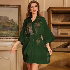 Women Green Short Flower Printed Satin Silk Kimono Robes