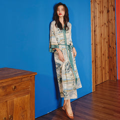 Women Tree Printed Satin Silk Kimono Robe