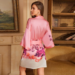 Women Short Flower Printed Satin Silk Kimono Robes