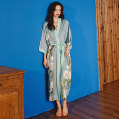 Women Flower Printed Satin Silk Kimono Robe