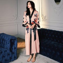 Women's Flower Birds Printed Satin Kimono Robe