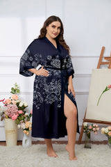 Women's Flower Printed Plus Size Satin Silk Kimono Robe