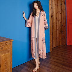 Women Pink Flower Printed Satin Silk Kimono Robe