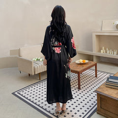 Women Flower Printed Long Satin Silk Kimono Robes