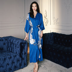 Women Flower Printed Satin Silk Kimono Robe