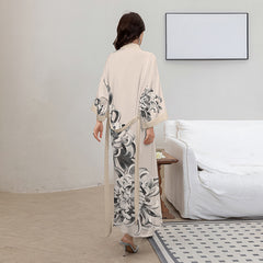 Women Flower Printed Long Satin Silk Kimono Robes