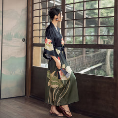 Women Lotus Flower Printed Satin Silk Kimono Robe