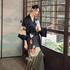 Women Lotus Flower Printed Satin Silk Kimono Robe