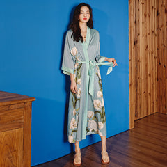 Women Flower Printed Satin Silk Kimono Robe