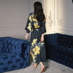 Women Flower Printed Satin Silk Kimono Robe