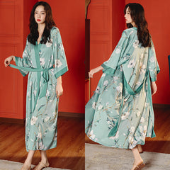 Women's Green Flower Printed Satin Silk Kimono Robe