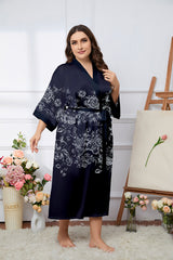 Women's Flower Printed Plus Size Satin Silk Kimono Robe