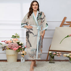 Women's Printed Plus Size Satin Silk Kimono Robe