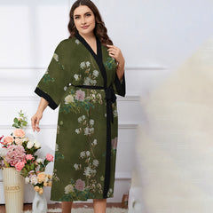 Women's Flower Printed Plus Size Satin Silk Kimono Robe