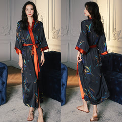 Women Black Flower Printed Satin Silk Kimono Robe