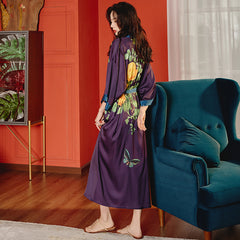 Women Satin Silk Printed Flower Kimono Robe