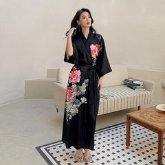 Women Flower Printed Long Satin Silk Kimono Robes