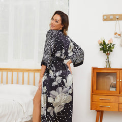 Flower Print Long Silk Kimono Robe-Robeslife